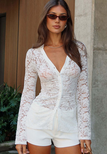 Women See-Through Lace Solid Sexy Long-Sleeve Shirt Top