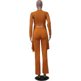 Women casual long-sleeved V-neck ribbed irregular top and pant two-piece set