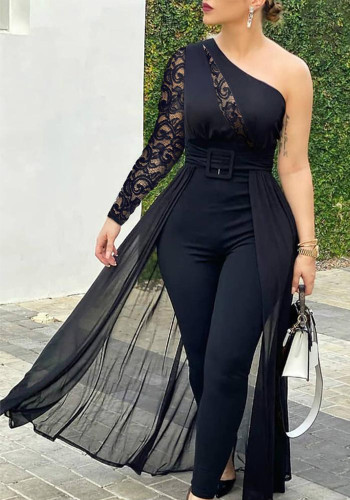 Women lace Patchwork Slash Shoulder Jumpsuit