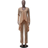Women casual long-sleeved V-neck ribbed irregular top and pant two-piece set