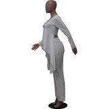Women casual long-sleeved V-neck ribbed irregular top and pant two-piece set
