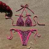 Women Leopard Print Color Block Beach Bikini Tie-Up Spa Two Pieces Swimwear