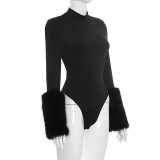 Women autumn sexy cuff patchwork furry solid bodysuit
