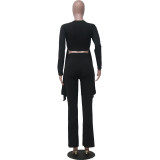 Women casual long-sleeved V-neck ribbed irregular top and pant two-piece set