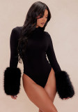 Women autumn sexy cuff patchwork furry solid bodysuit