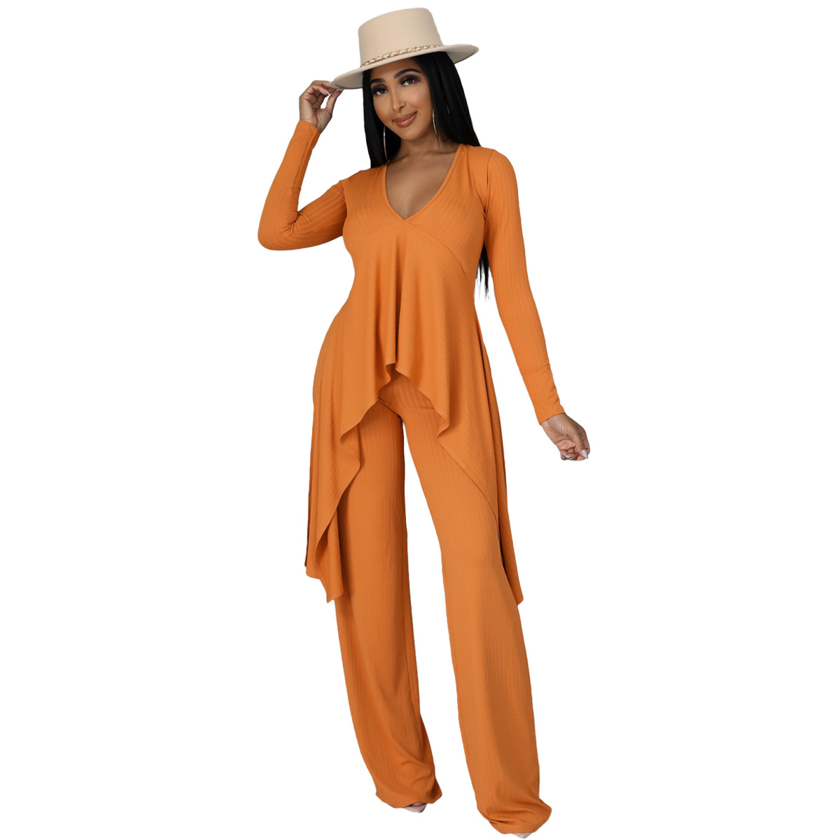 Women casual long-sleeved V-neck ribbed irregular top and pant two-piece set