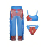 Women Printed Spa Cover-Up Long Pants Bikini Beach Swimwear Three-Piece