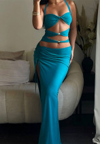 Women Hollowed-Out Metal Buckle Slit Halter Neck Lace-Up Holiday Maxi Dress