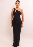 Women One-Shoulder Knot Pleated Sexy Solid Maxi Dress