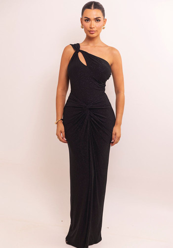 Women One-Shoulder Knot Pleated Sexy Solid Maxi Dress