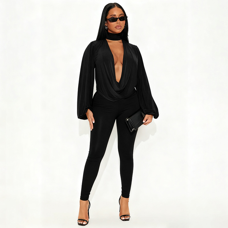 Women Halter Neck drop neck long-sleeved top and pants sexy two-piece set