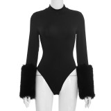 Women autumn sexy cuff patchwork furry solid bodysuit