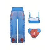 Women Printed Spa Cover-Up Long Pants Bikini Beach Swimwear Three-Piece