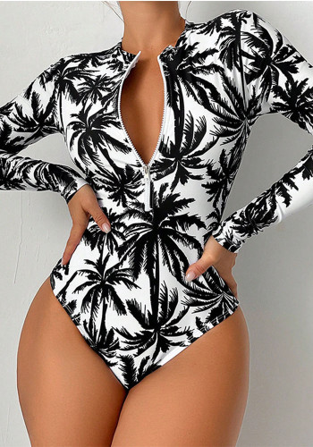 Women Printed Long Sleeve Zipper Bikini Beach One-Piece Swimwear