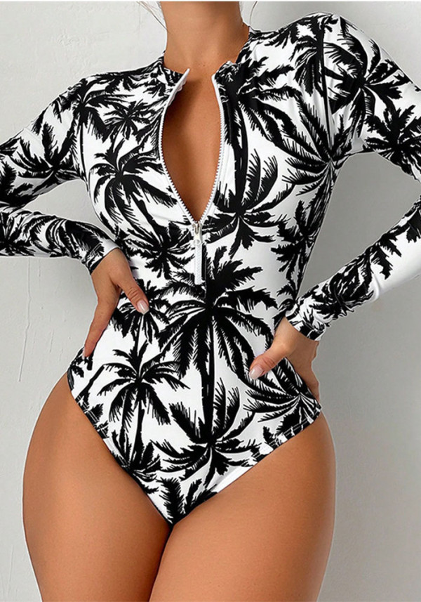 Women Printed Long Sleeve Zipper Bikini Beach One-Piece Swimwear