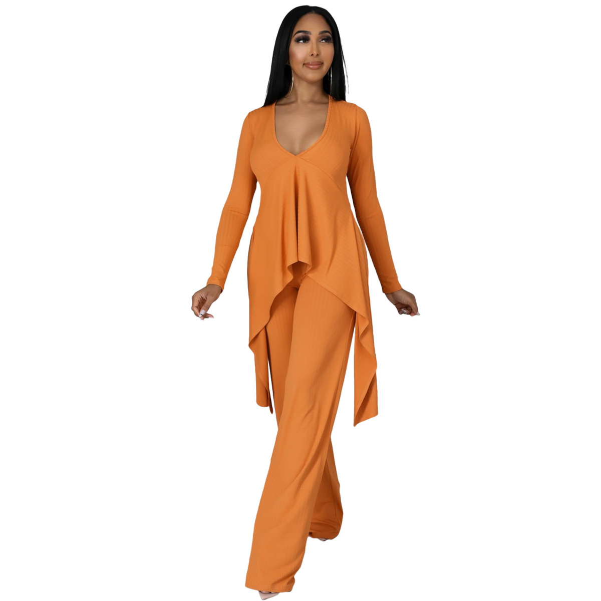 Women casual long-sleeved V-neck ribbed irregular top and pant two-piece set