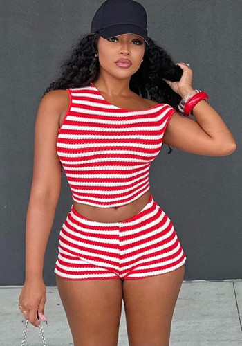 Women Summer Slash Shoulder Striped Crop Top and Shorts Two-Piece Set