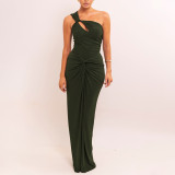 Women One-Shoulder Knot Pleated Sexy Solid Maxi Dress
