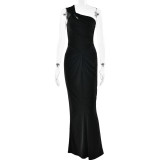 Women One-Shoulder Knot Pleated Sexy Solid Maxi Dress