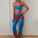 Women Printed Spa Cover-Up Long Pants Bikini Beach Swimwear Three-Piece