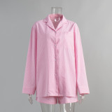 Women spring plaid long-sleeved top and shorts pajamas two-piece set