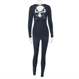 Women solid hollow metal ring jumpsuit