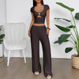 Women Sports Short-Sleeve Vest and Wide-Leg Pants Two-Piece Set