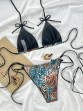 Women Leopard Print Color Block Beach Bikini Tie-Up Spa Two Pieces Swimwear
