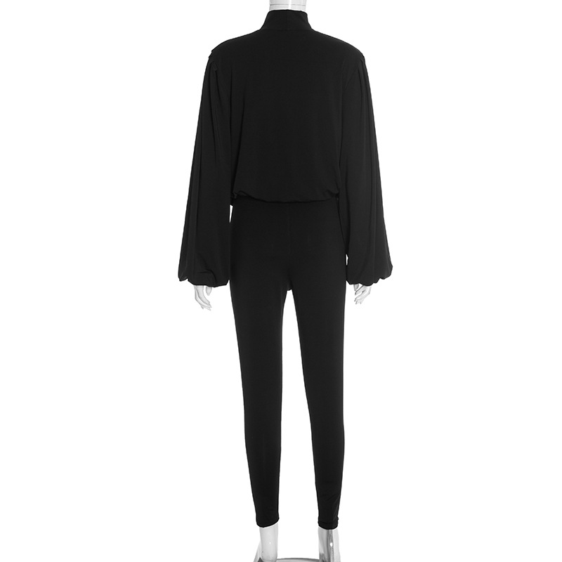 Women Halter Neck drop neck long-sleeved top and pants sexy two-piece set