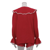 Women Lace V-Neck Bell Bottom Sleeve Top and Shorts Two-Piece Set