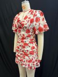 Women Summer Floral V-Neck Puff Sleeve Ruffle Dress