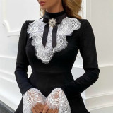Women lace patchwork long-sleeved dress