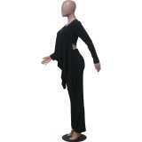 Women casual long-sleeved V-neck ribbed irregular top and pant two-piece set