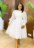 Plus Size Women White Lace Puff Long Sleeve Maxi Dress