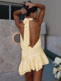 Women Autumn Sleeveless Sexy Tie-Up Halter Neck Backless Mini Dress