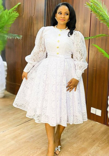 Plus Size Women White Lace Puff Long Sleeve Maxi Dress