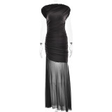 Women Sexy Pleated Mesh Patchwork Solid Maxi Dress