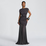Women Sexy Pleated Mesh Patchwork Solid Maxi Dress
