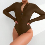 Women Printed Long Sleeve Zipper Bikini Beach One-Piece Swimwear