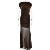 Women Sexy Pleated Mesh Patchwork Solid Maxi Dress