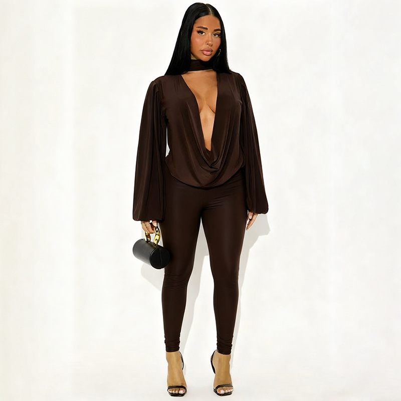 Women Halter Neck drop neck long-sleeved top and pants sexy two-piece set