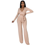 Women casual long-sleeved V-neck ribbed irregular top and pant two-piece set