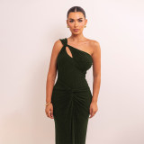 Women One-Shoulder Knot Pleated Sexy Solid Maxi Dress