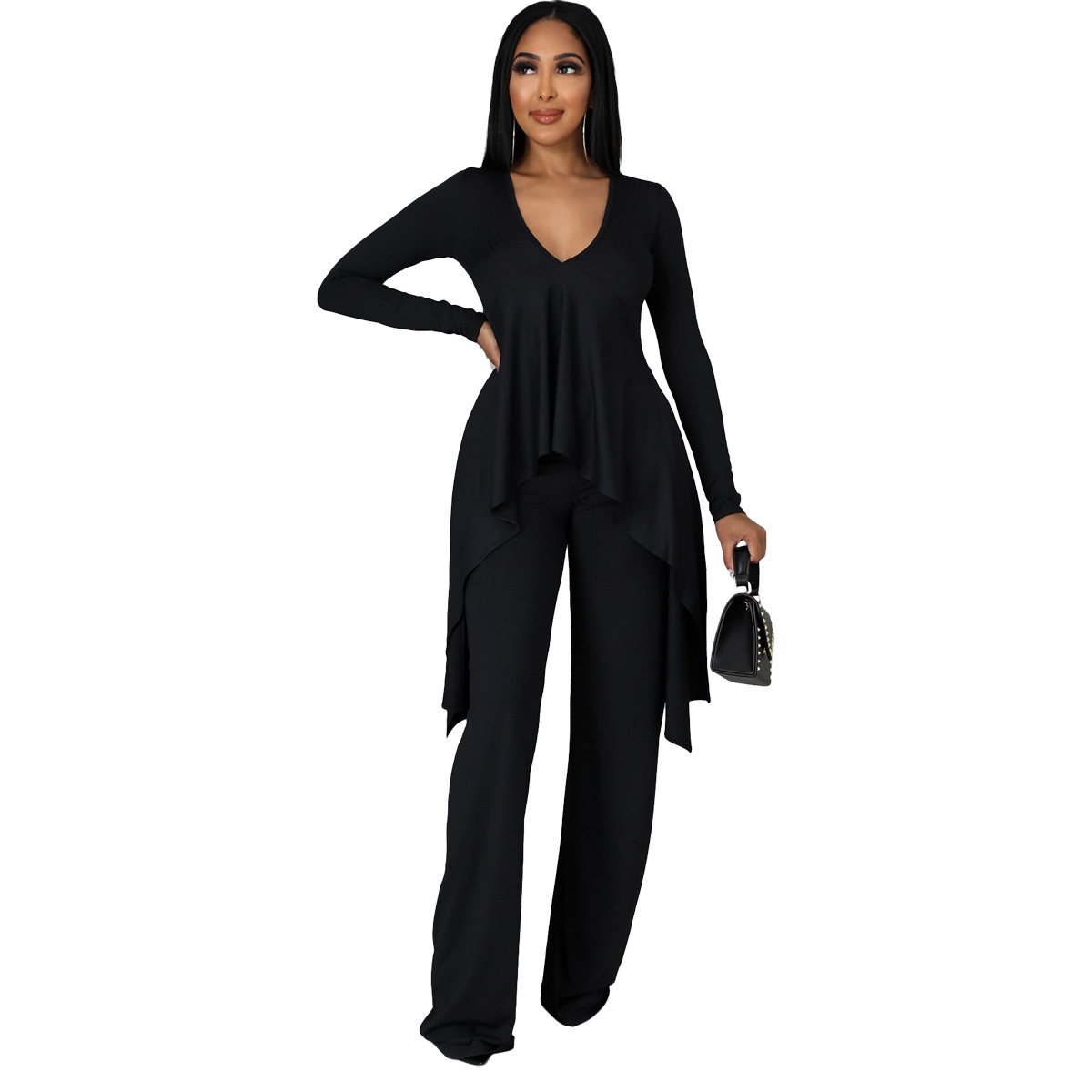 Women casual long-sleeved V-neck ribbed irregular top and pant two-piece set
