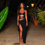 Women Hollowed-Out Metal Buckle Slit Halter Neck Lace-Up Holiday Maxi Dress