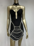 Women Strapless Rhinestone Chain Choker Bandage Dress