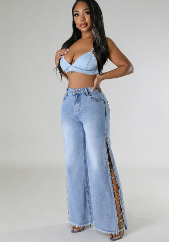 Women Side Slit Metal Chain Denim Pants