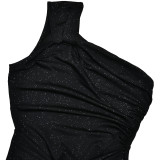 Women One-Shoulder Knot Pleated Sexy Solid Maxi Dress