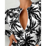 Women Printed Long Sleeve Zipper Bikini Beach One-Piece Swimwear