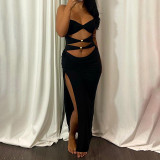 Women Hollowed-Out Metal Buckle Slit Halter Neck Lace-Up Holiday Maxi Dress